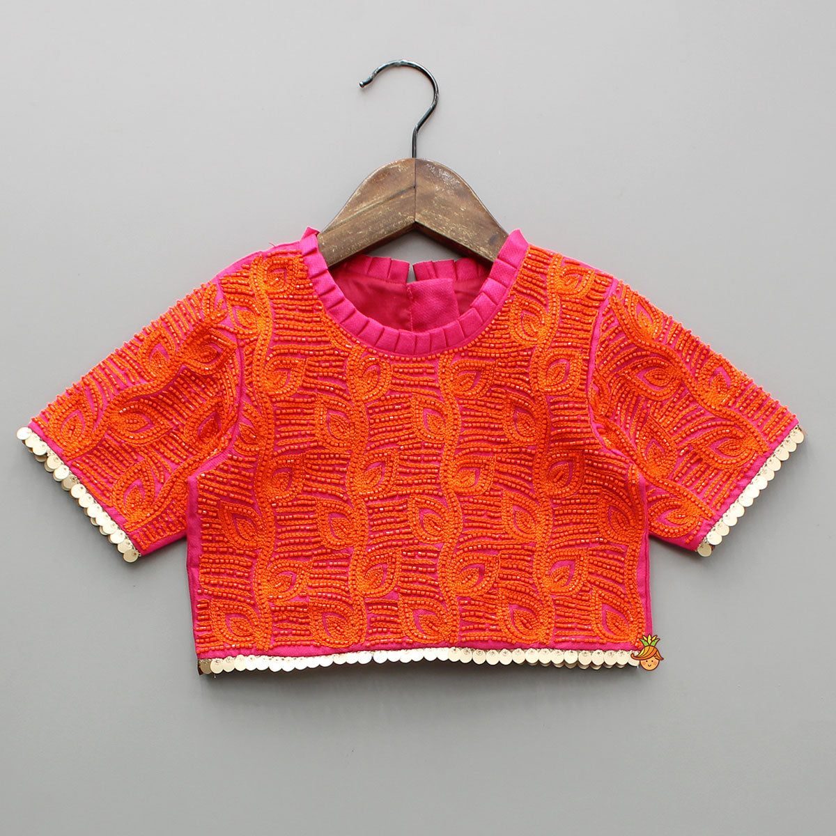 Orange Hand Embroidered Pink Top With Lehenga And Dupatta