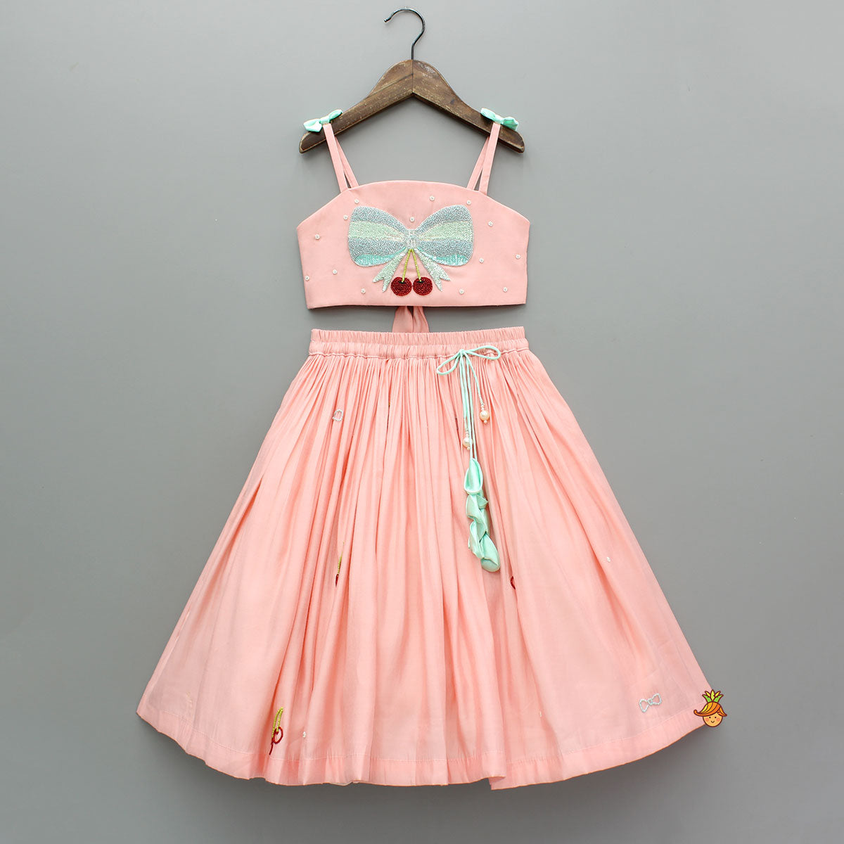 Peach Embroidered Silk Top With Lehenga