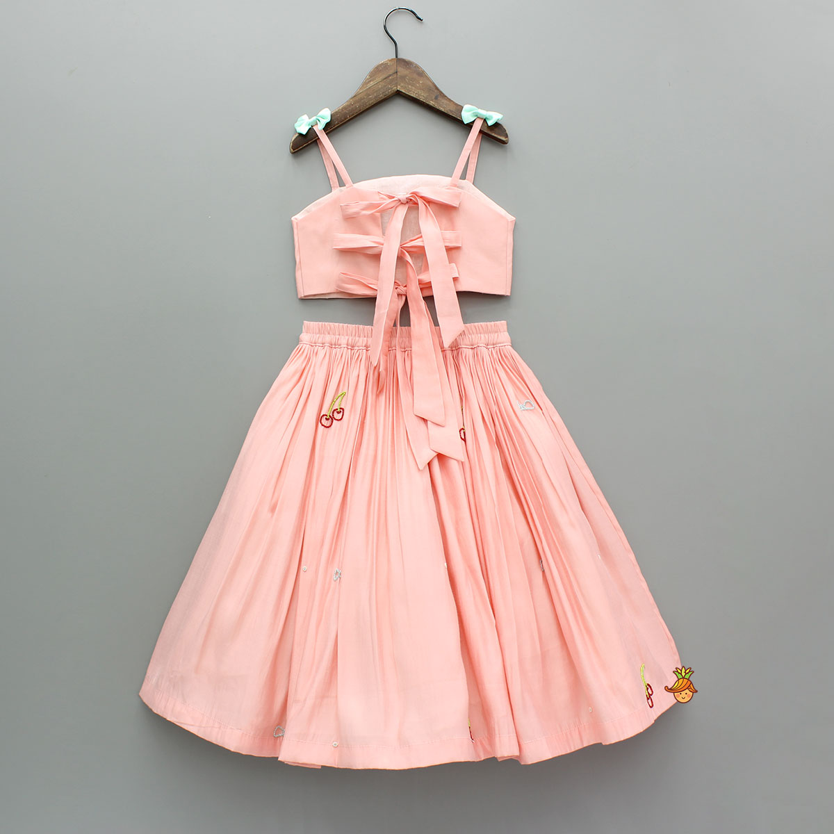 Peach Embroidered Silk Top With Lehenga