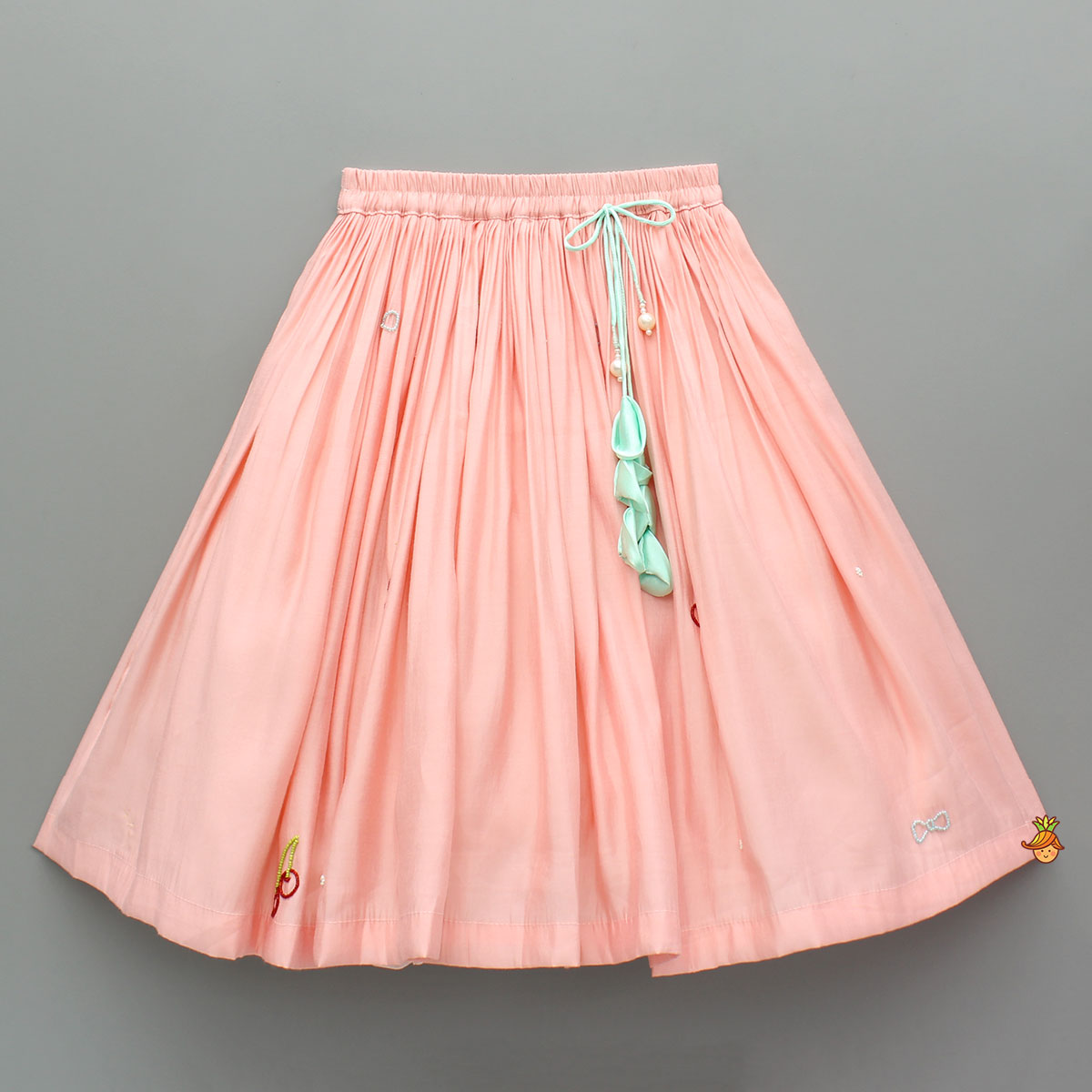 Peach Embroidered Silk Top With Lehenga