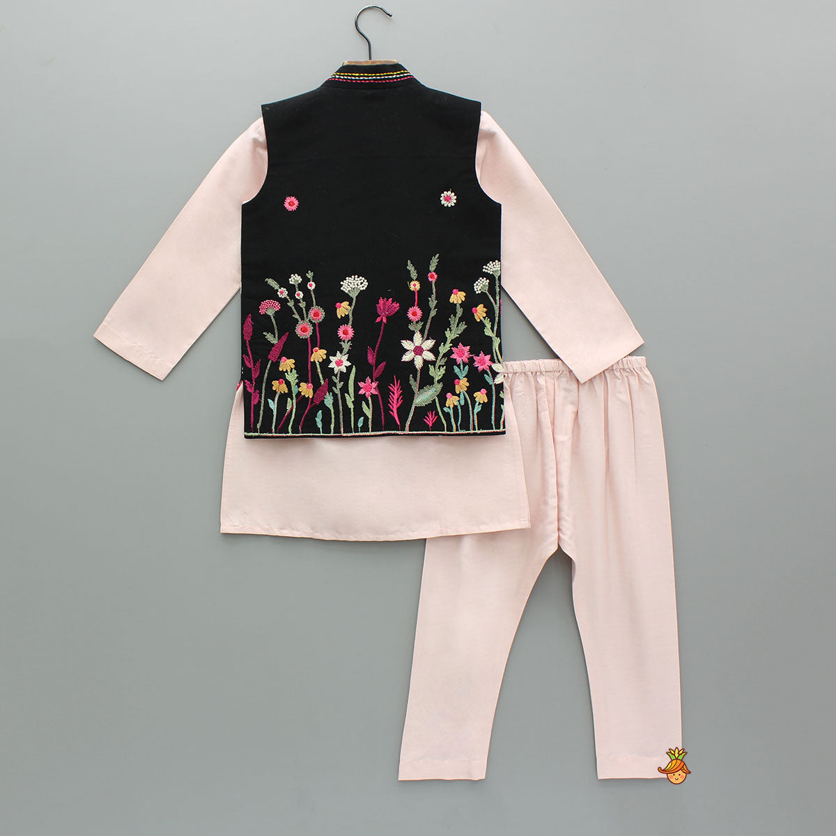 Pink Kurta With Black Front Open Jacket And Pyjama