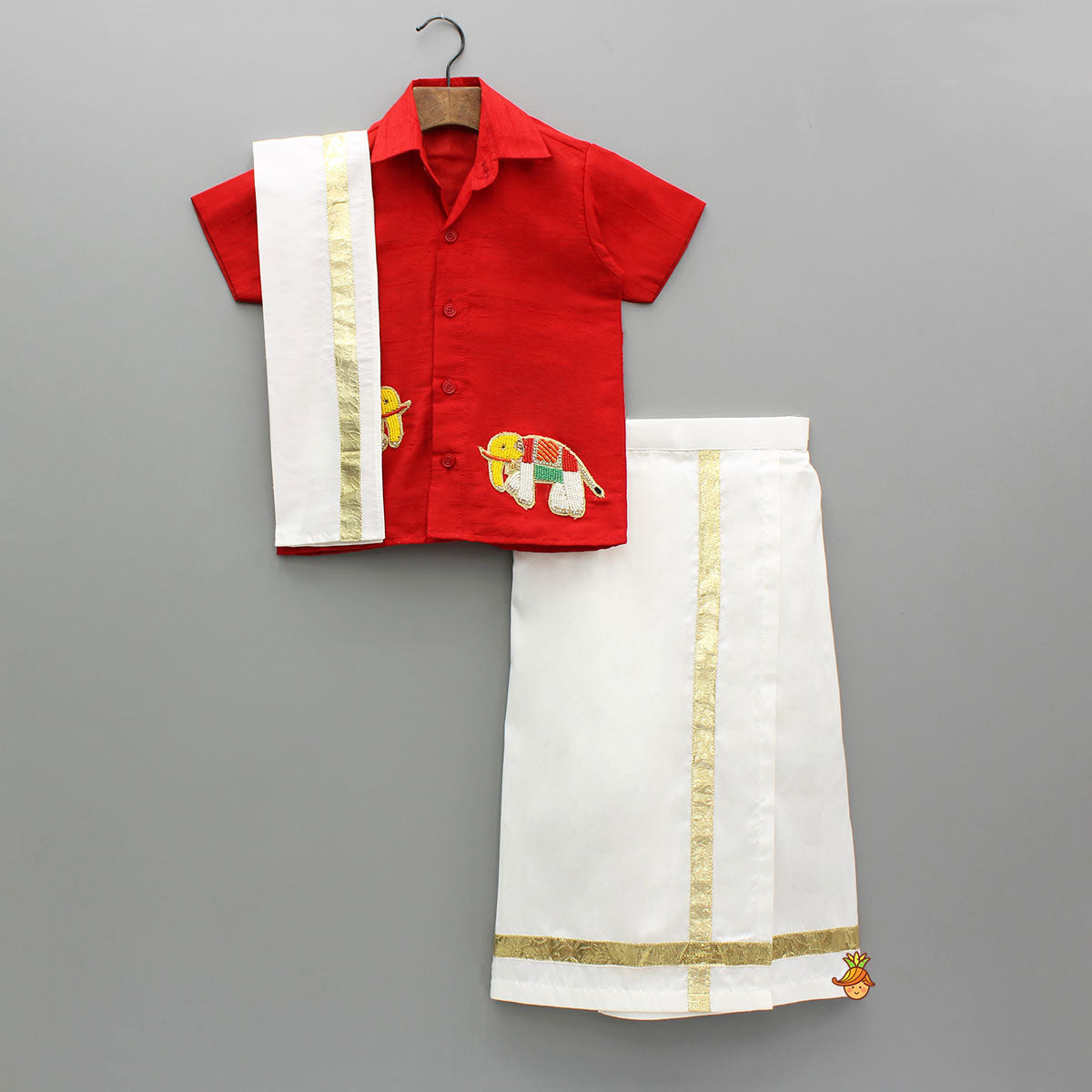 Multicolor Elephant Embroidered Red Mundu Shirt With Lungi And Angavastram (Shawl) Set