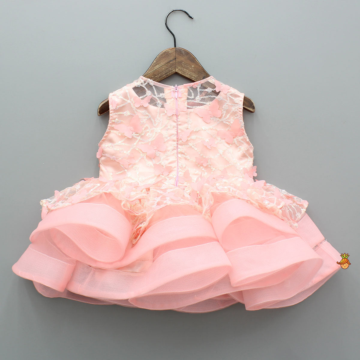 Butterfly Adorned Sequin Peach Net Ruffle Dress