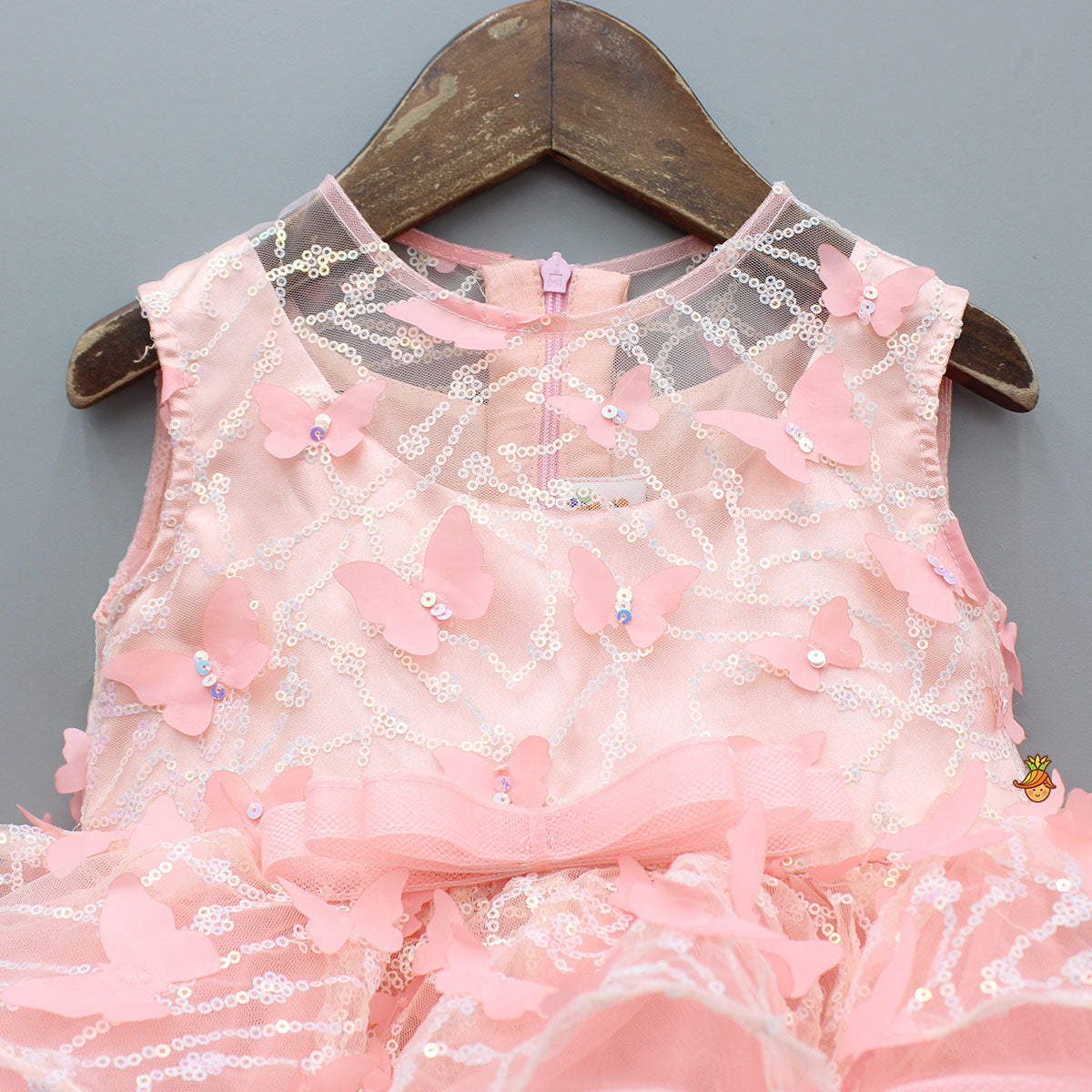 Butterfly Adorned Sequin Peach Net Ruffle Dress