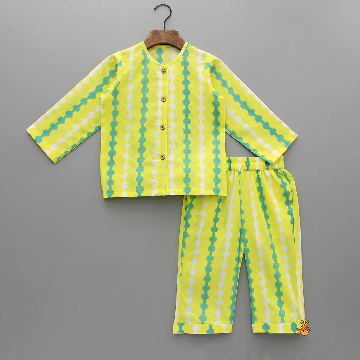 Yellow And Green Cotton Printed Sleepwear Set