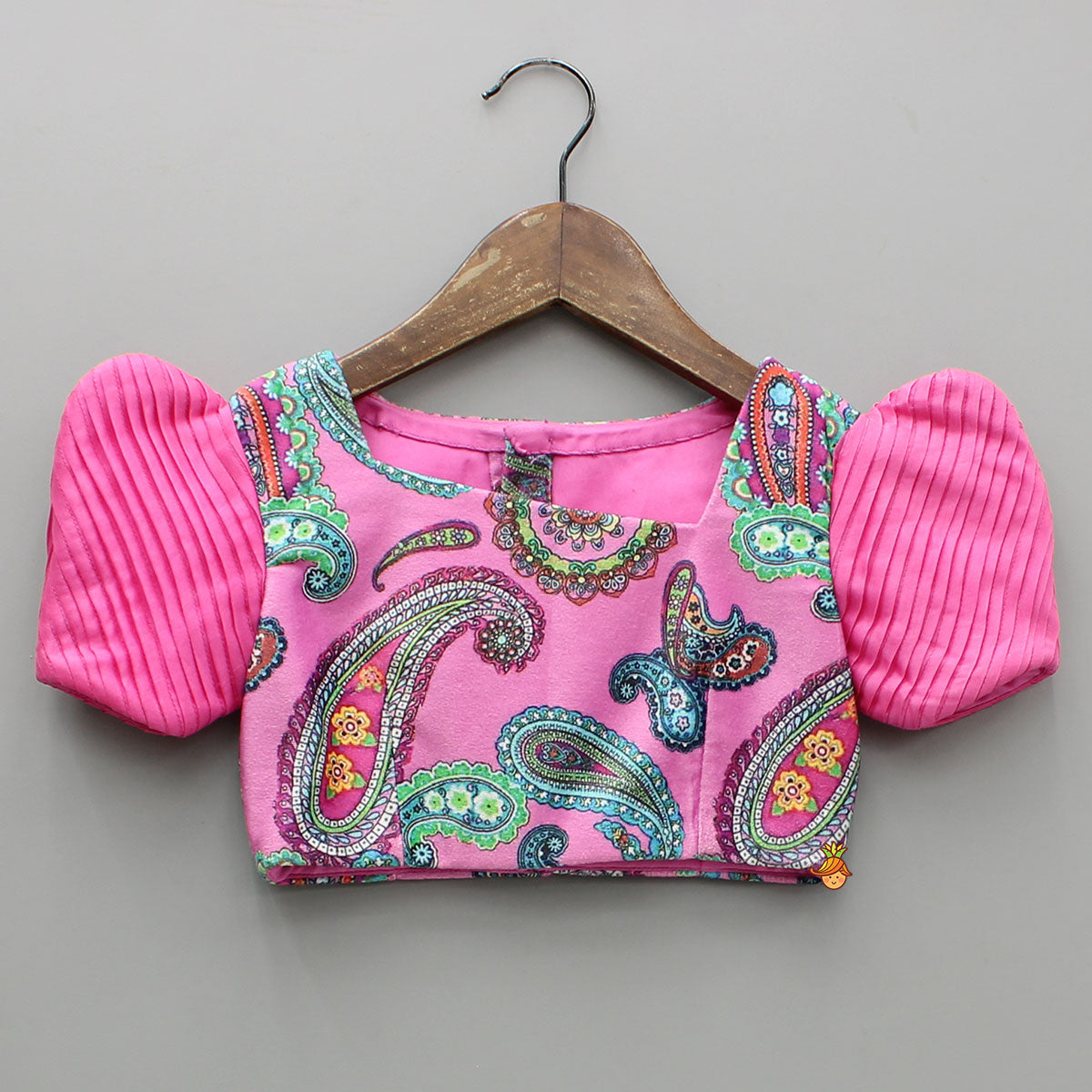Pink Printed Velvet Top And Shorts With Ribbon Bow Belt