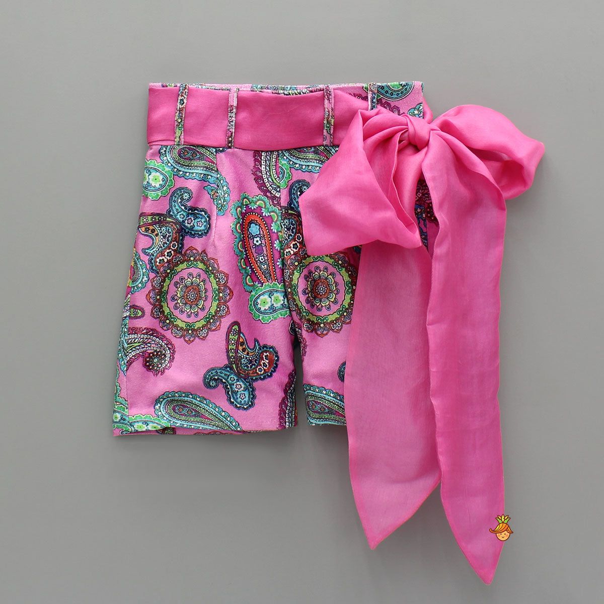 Pink Printed Velvet Top And Shorts With Ribbon Bow Belt