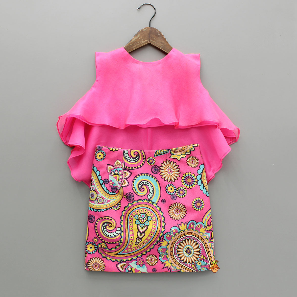 Pink High Low Organza Top With Multicolour Printed Skirt