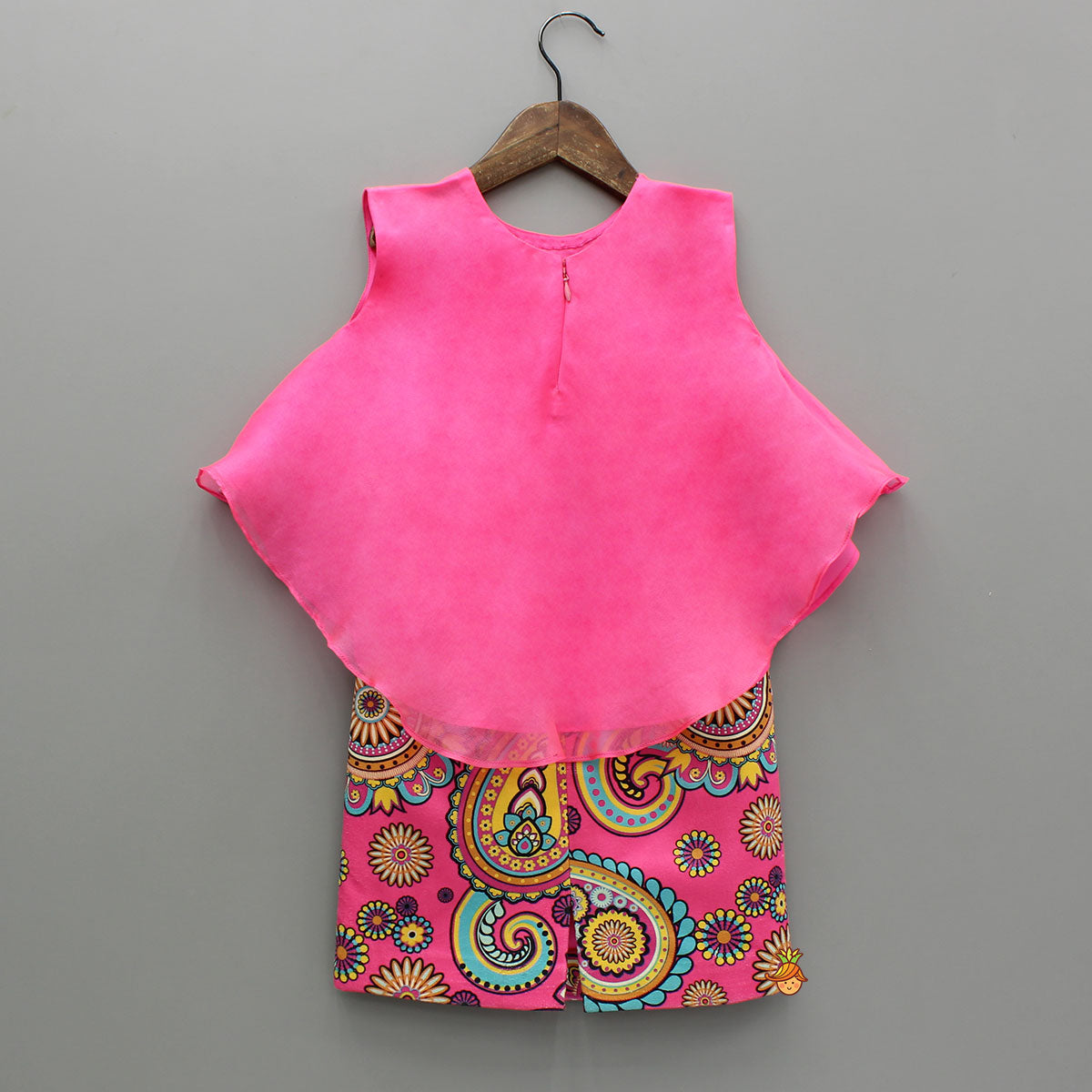 Pink High Low Organza Top With Multicolour Printed Skirt