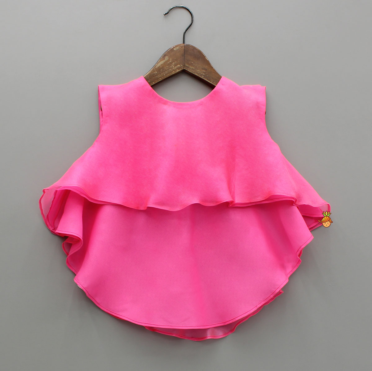 Pink High Low Organza Top With Multicolour Printed Skirt