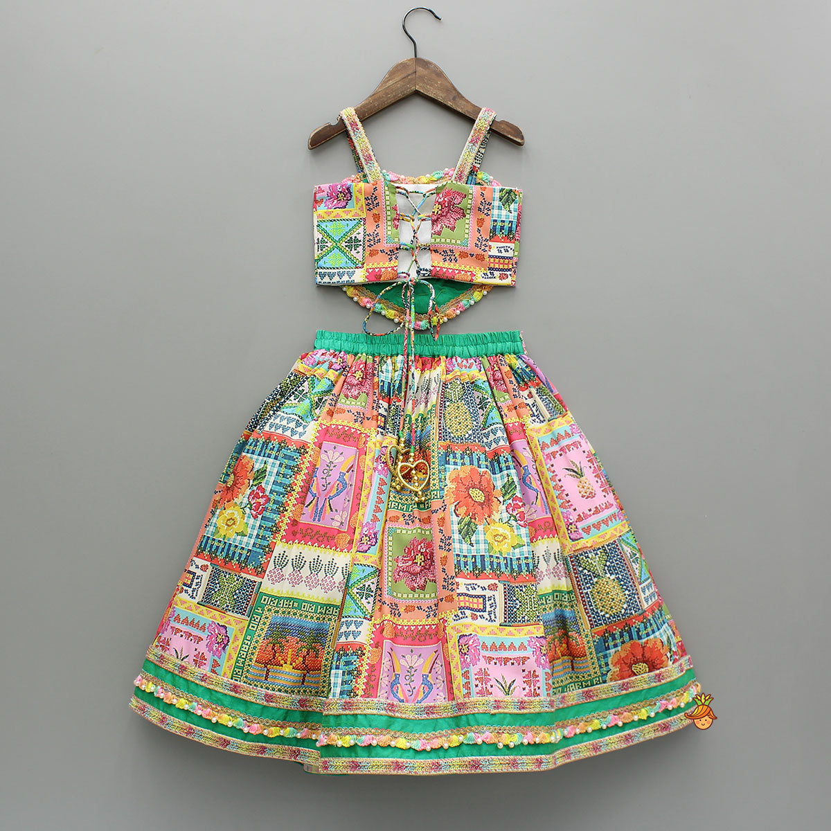 Embroidered Heart Shaped Top And Multicolour Lehenga With Dupatta