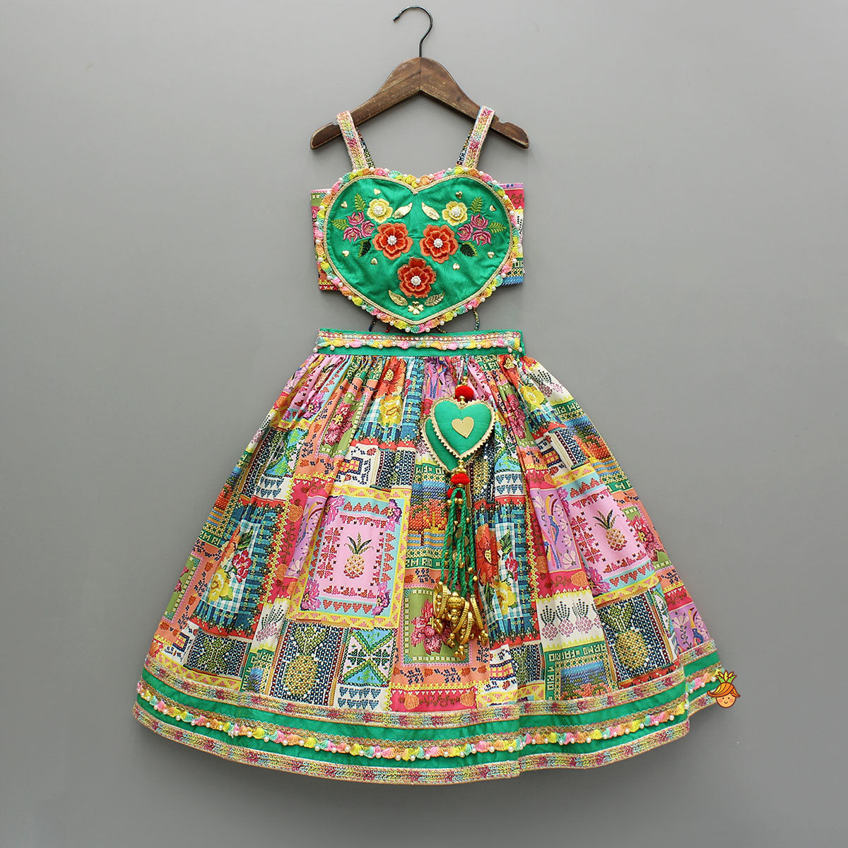 Embroidered Heart Shaped Top And Multicolour Lehenga With Dupatta