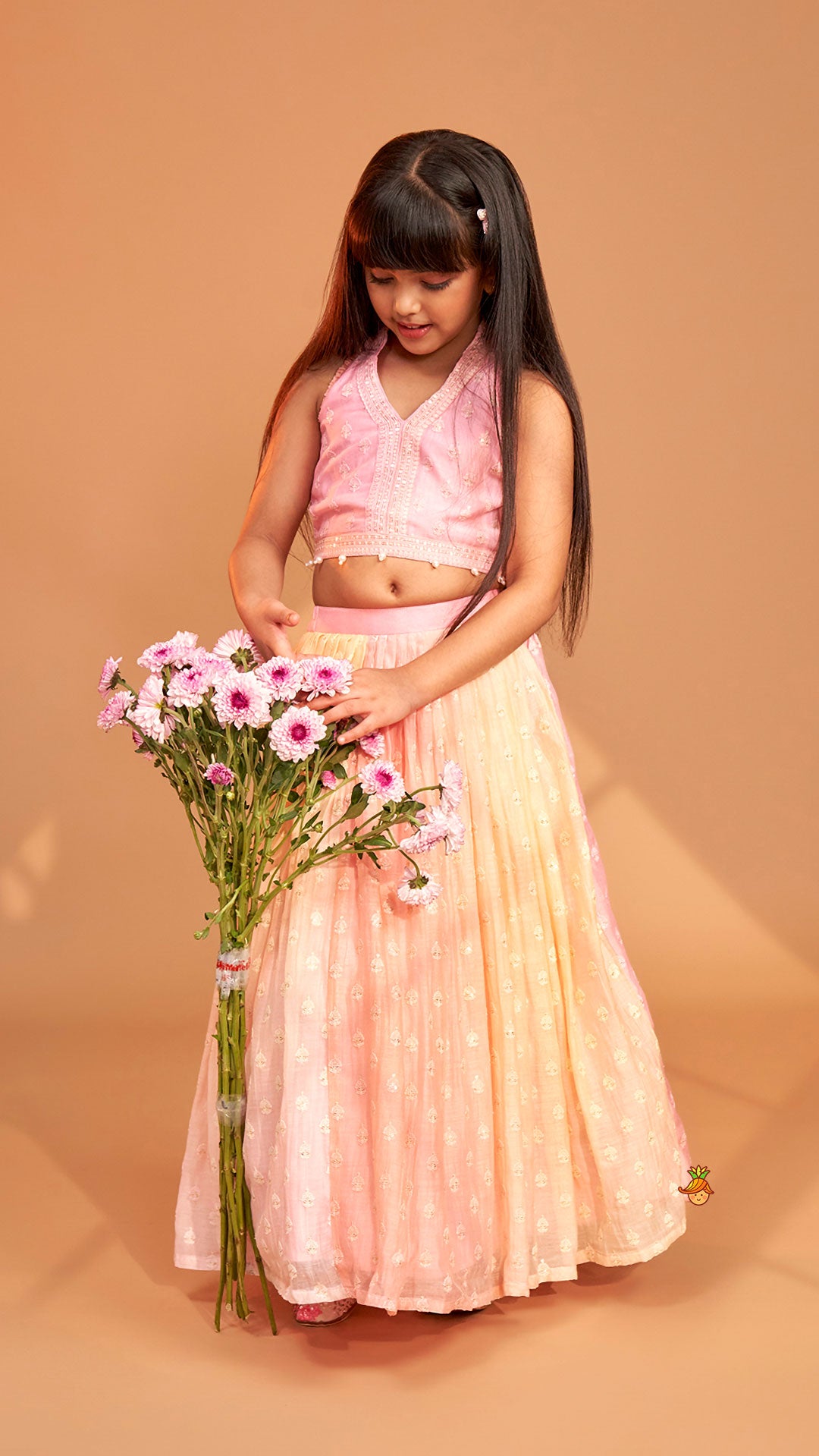 Pink Halter Neck Top With Ombre Lehenga