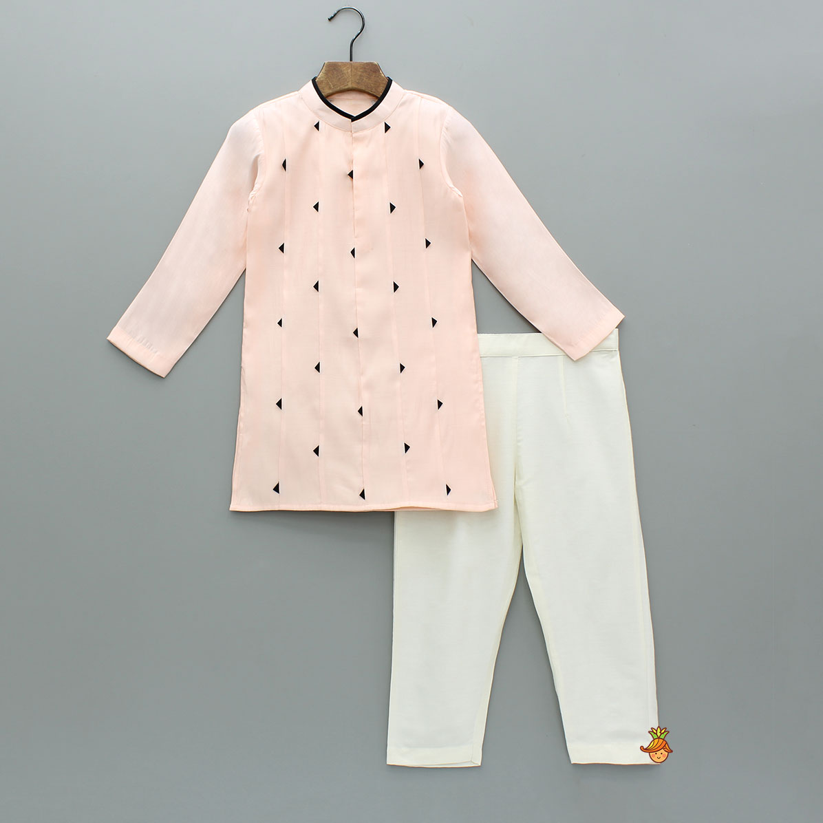 Black Triangular Detailed Peach Silk Kurta With Pyjama