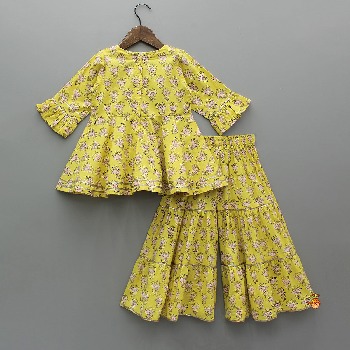 Floral Printed Yellow Kurti And Sharara With Pink Net Dupatta