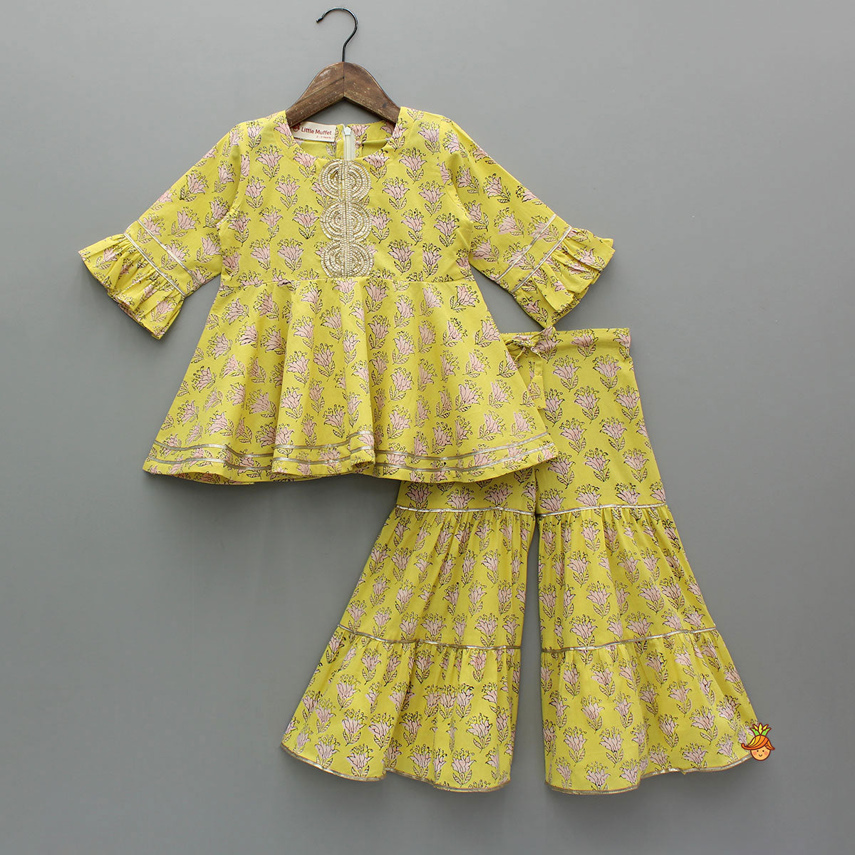 Floral Printed Yellow Kurti And Sharara With Pink Net Dupatta