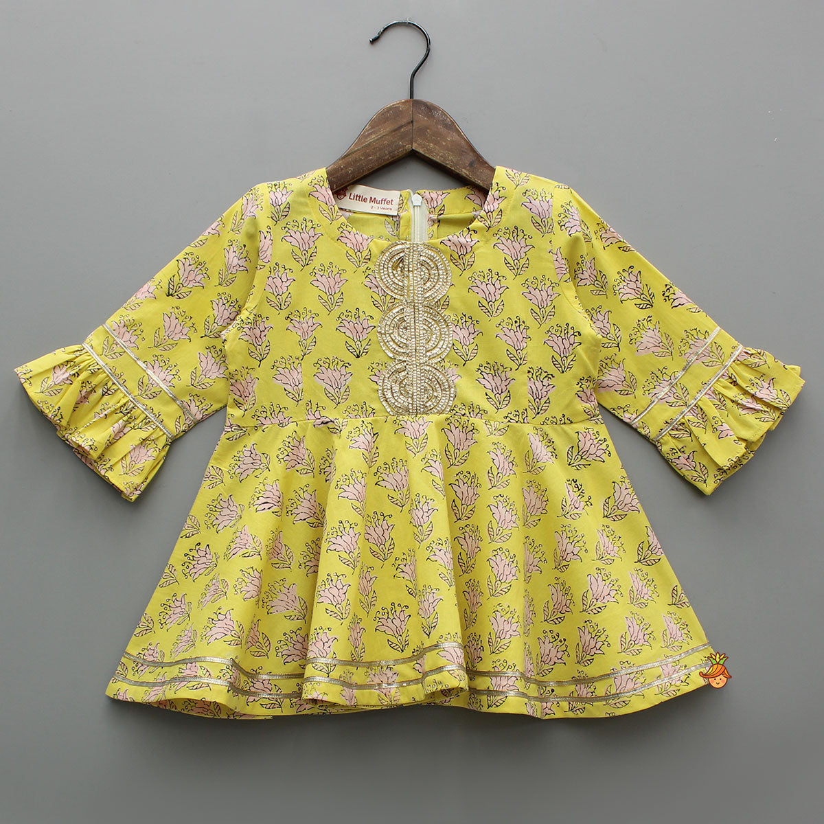 Floral Printed Yellow Kurti And Sharara With Pink Net Dupatta