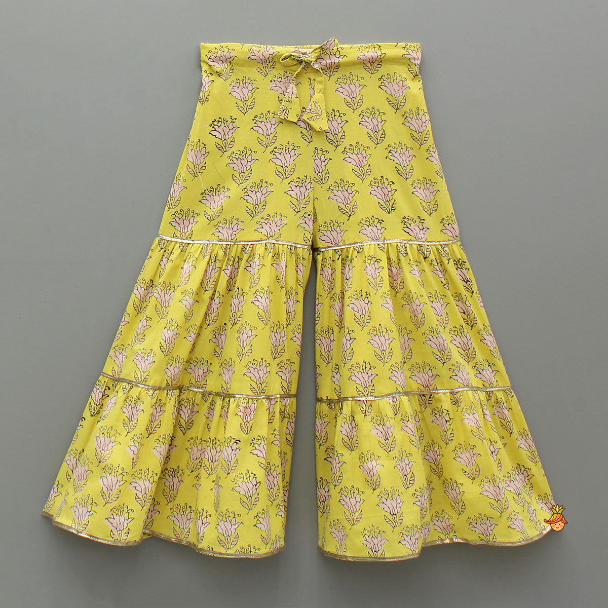 Floral Printed Yellow Kurti And Sharara With Pink Net Dupatta