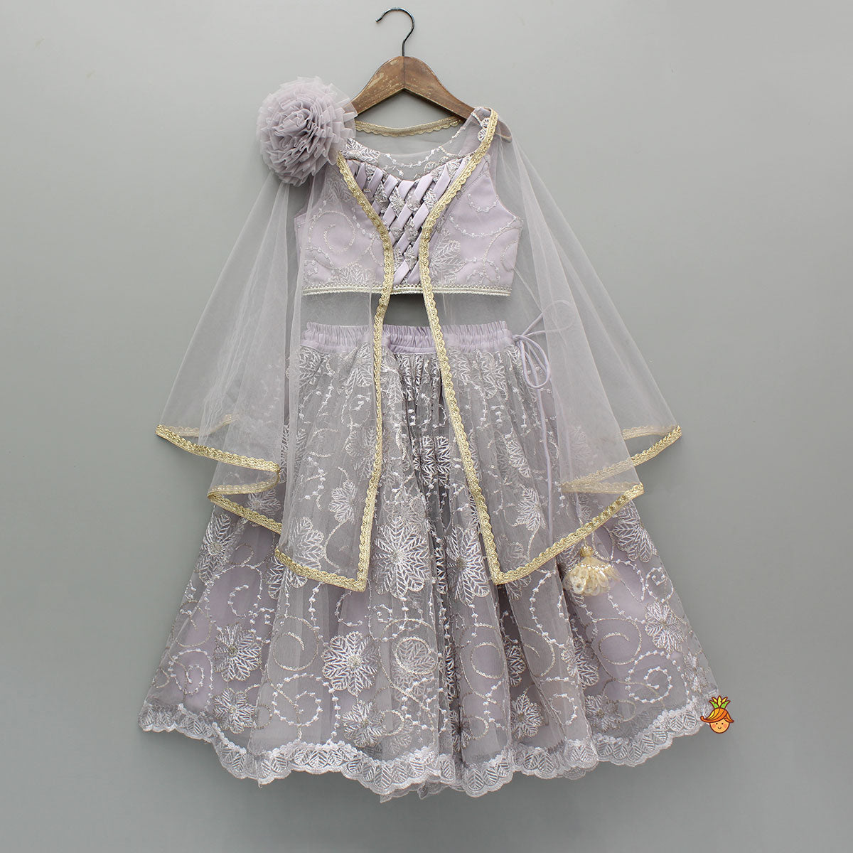Grey Net Cape Top With Sequined And Thread Embroidered Lehenga