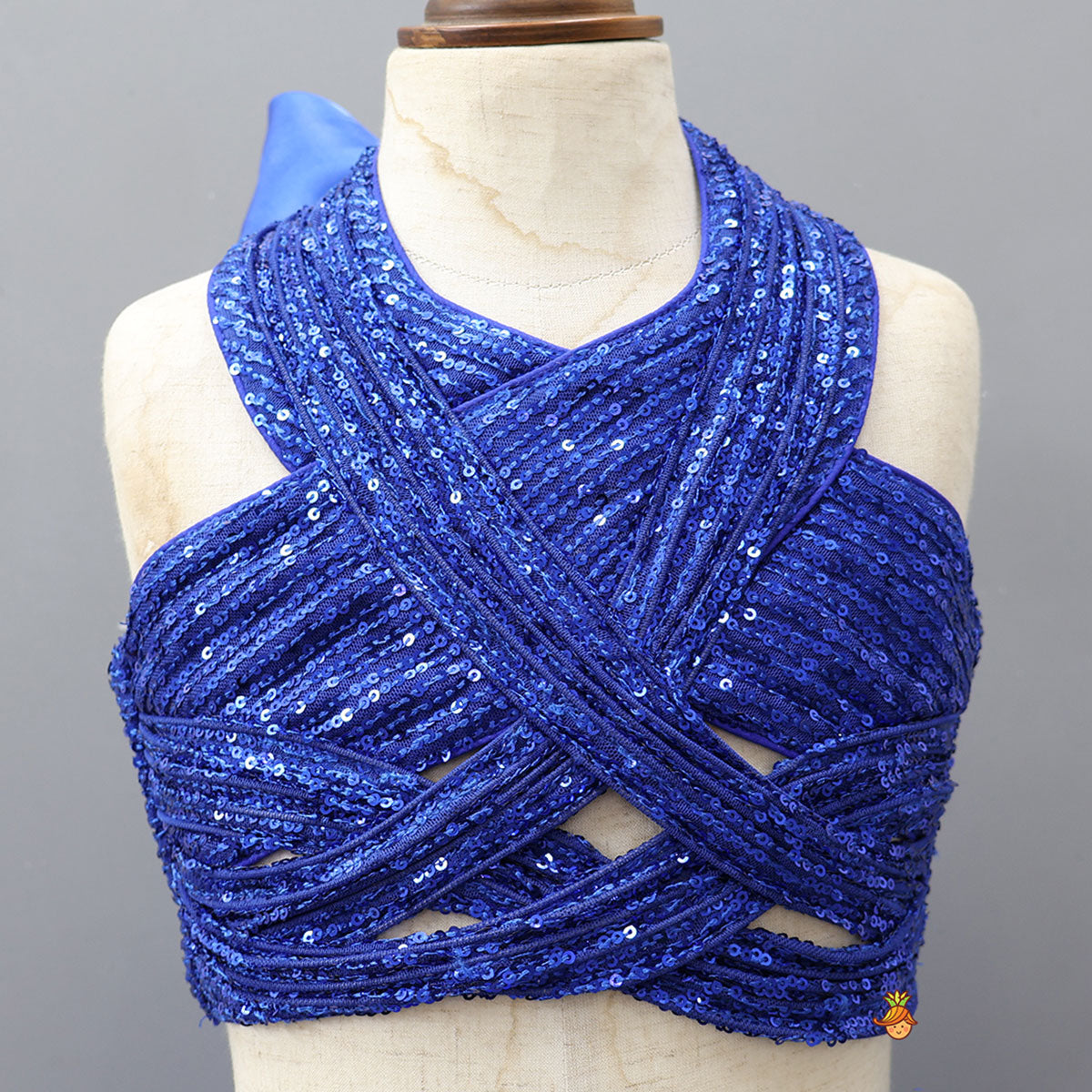 Royal Blue Sequin Embellished Halter Neck Top With Stiff Belt And Lehenga