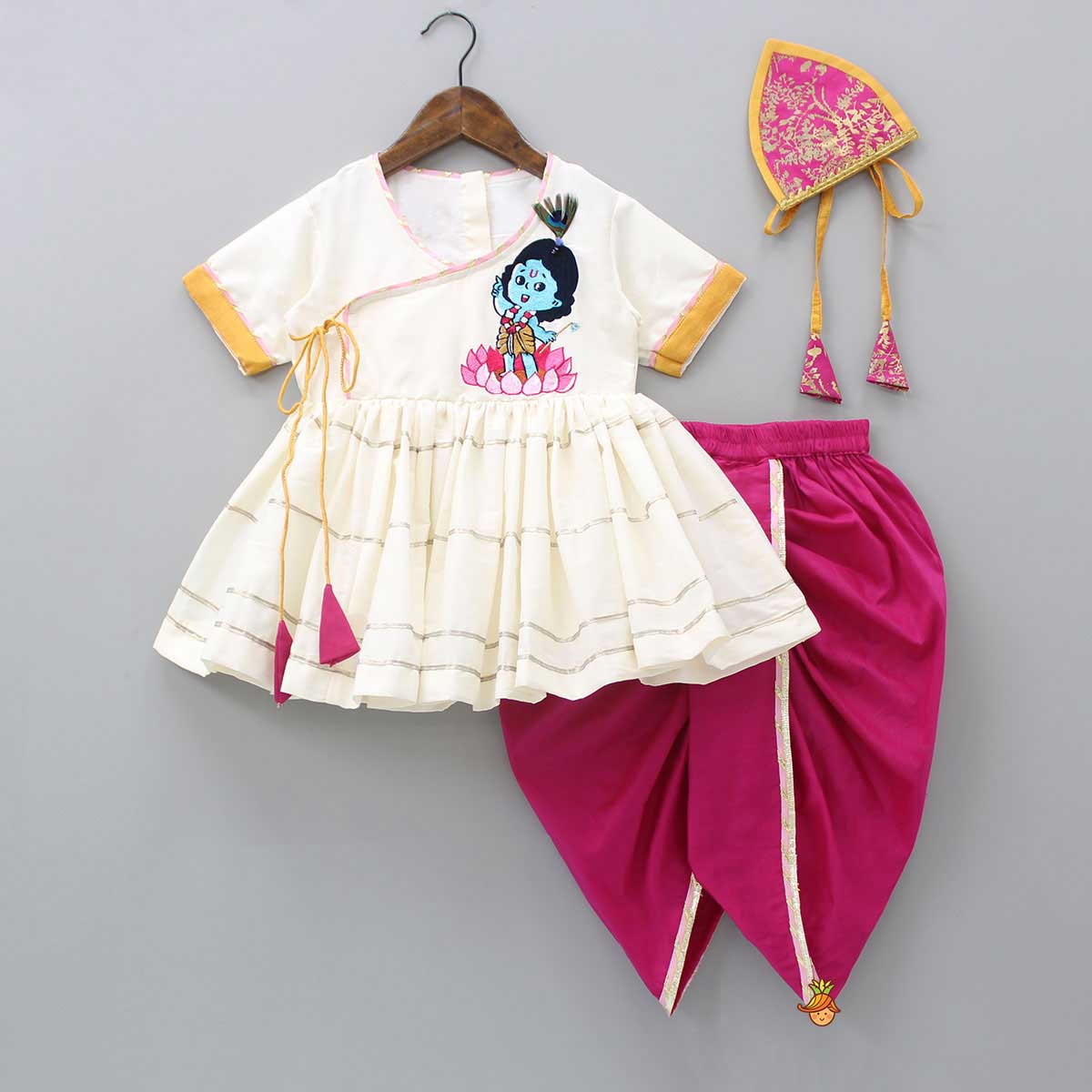 Krishna Embroidered Angarkha Top With Lace Work Pink Dhoti And Mukut