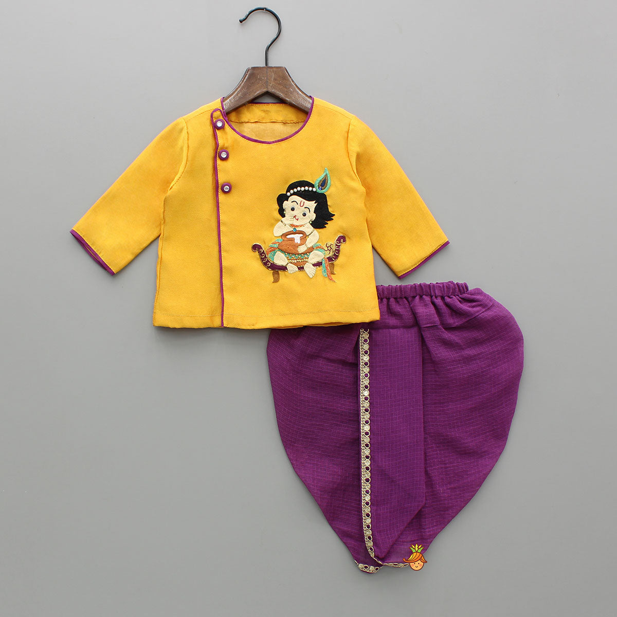 Hand-Embroidered Krishna Motif Angarkha Kurta With Purple Dhoti