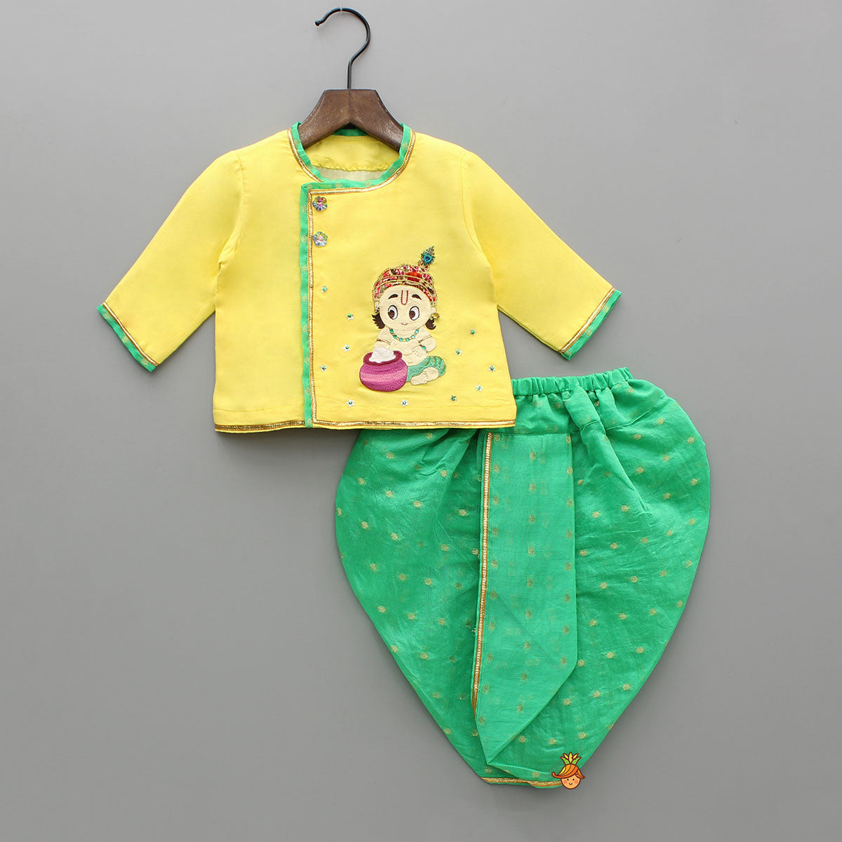 Cute Krishna Embroidered Yellow Kurta And Green Dhoti