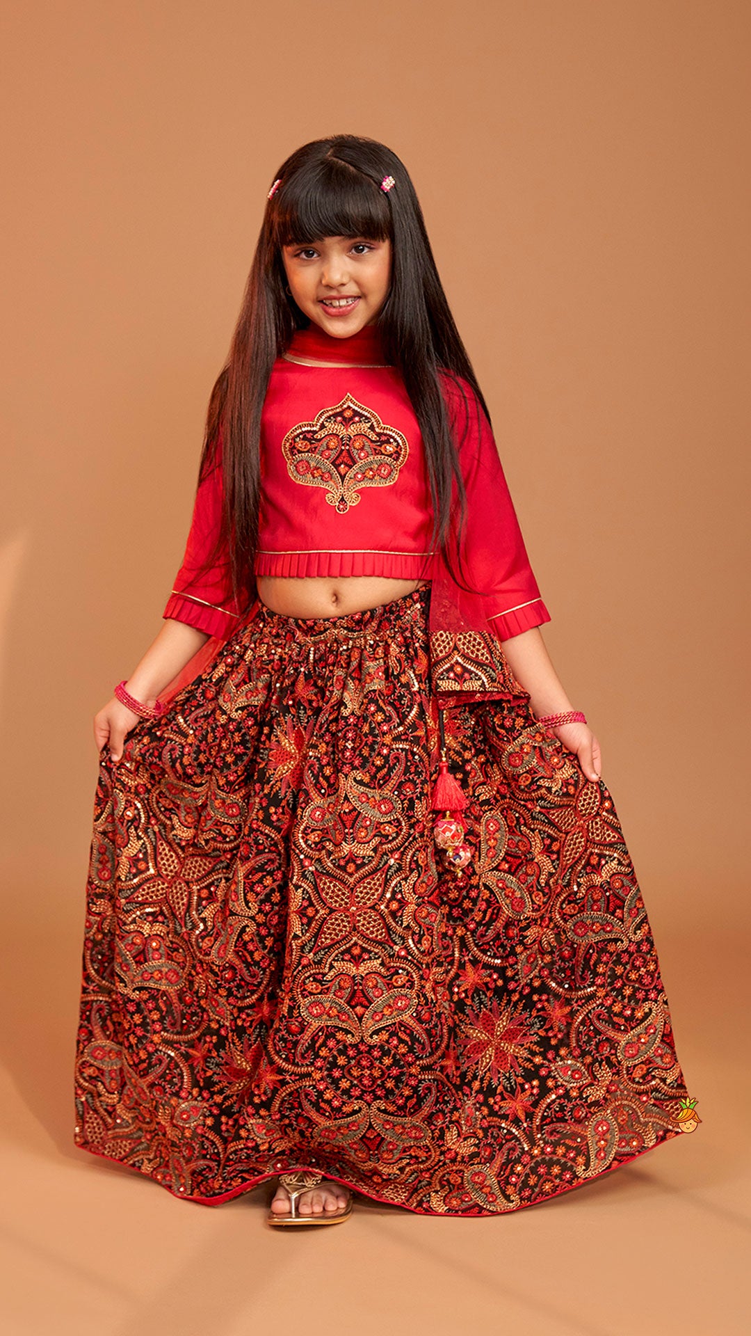 Beautiful Embroidered Pink Top With Floral Embroidered Lehenga And Dupatta