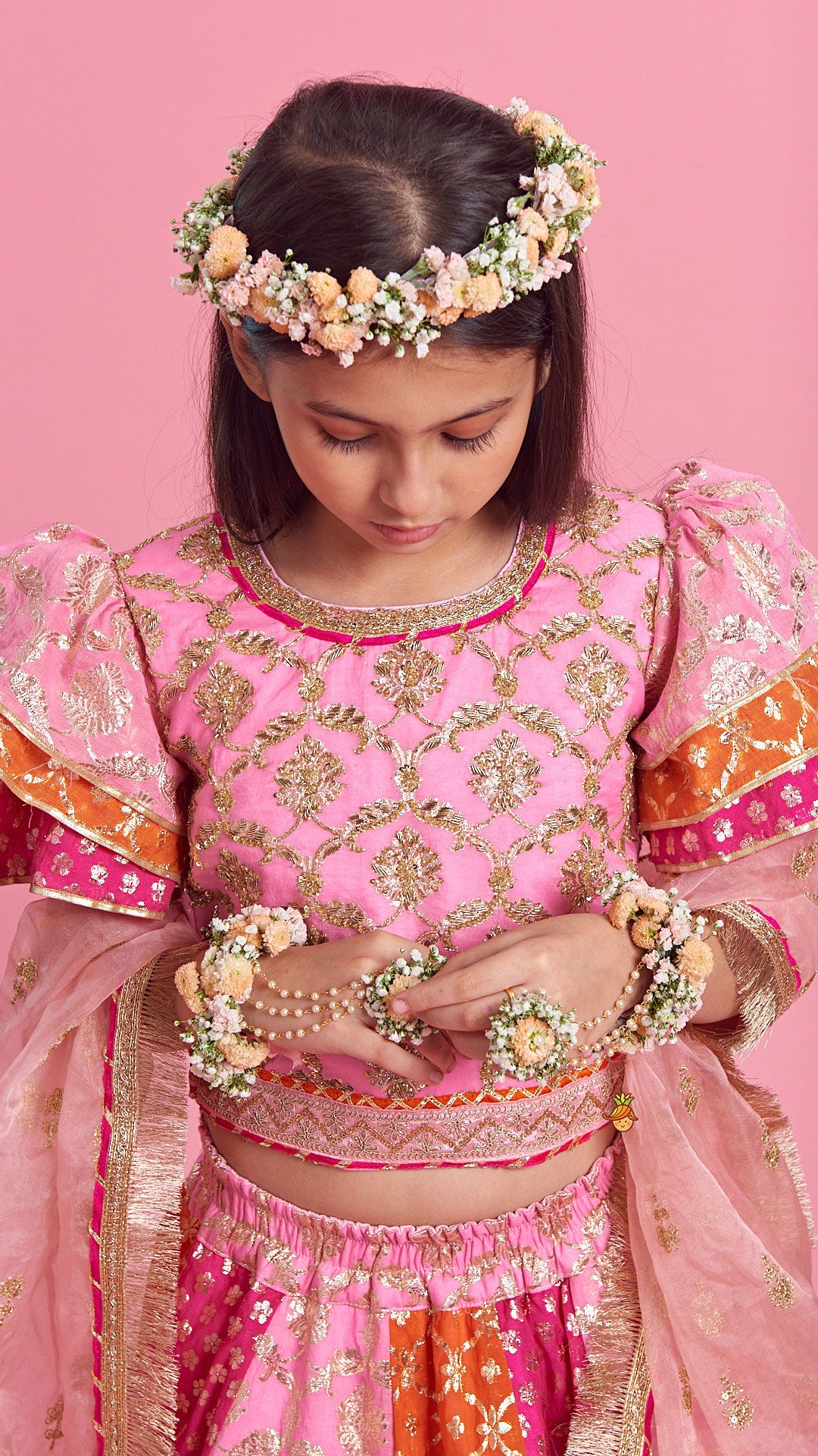 Chanderi Embroidered Top With Dual Layered Lehenga And Dupatta