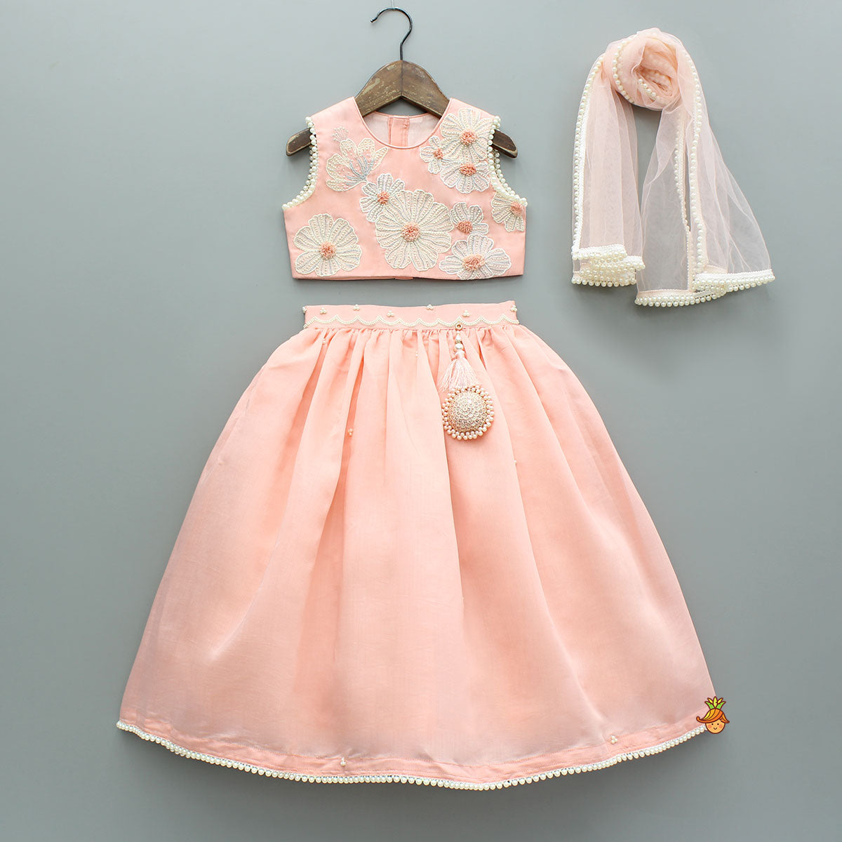 Peach Floral Embroidered Top With Silk Lehenga And Dupatta