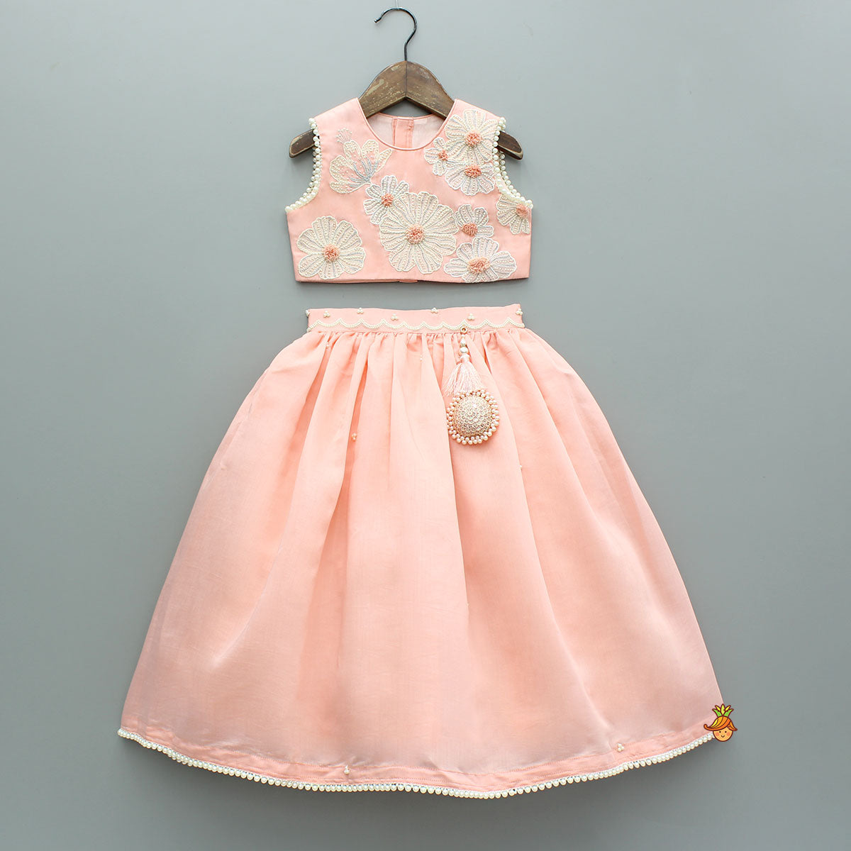 Peach Floral Embroidered Top With Silk Lehenga And Dupatta