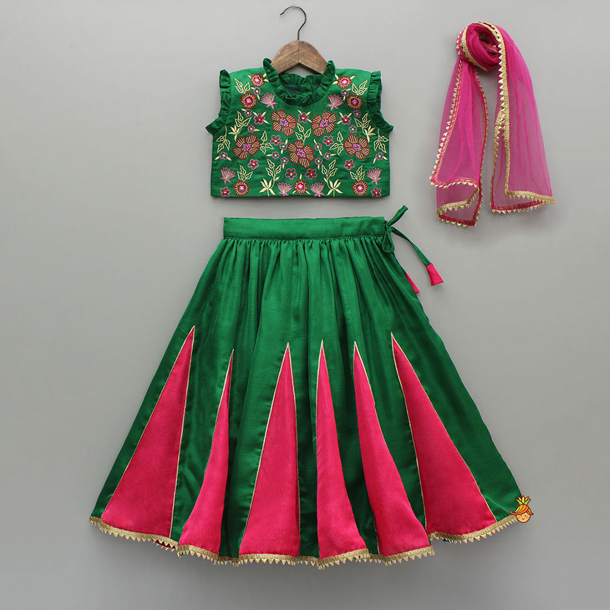 Pink And Green Embroidered Ruffle Top With Lehenga And Dupatta