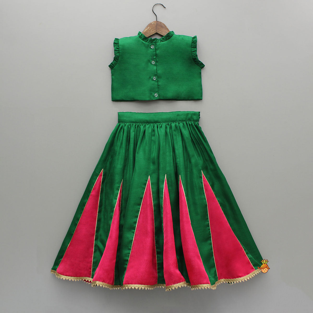 Pink And Green Embroidered Ruffle Top With Lehenga And Dupatta