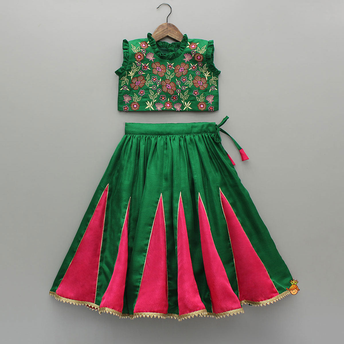 Pink And Green Embroidered Ruffle Top With Lehenga And Dupatta