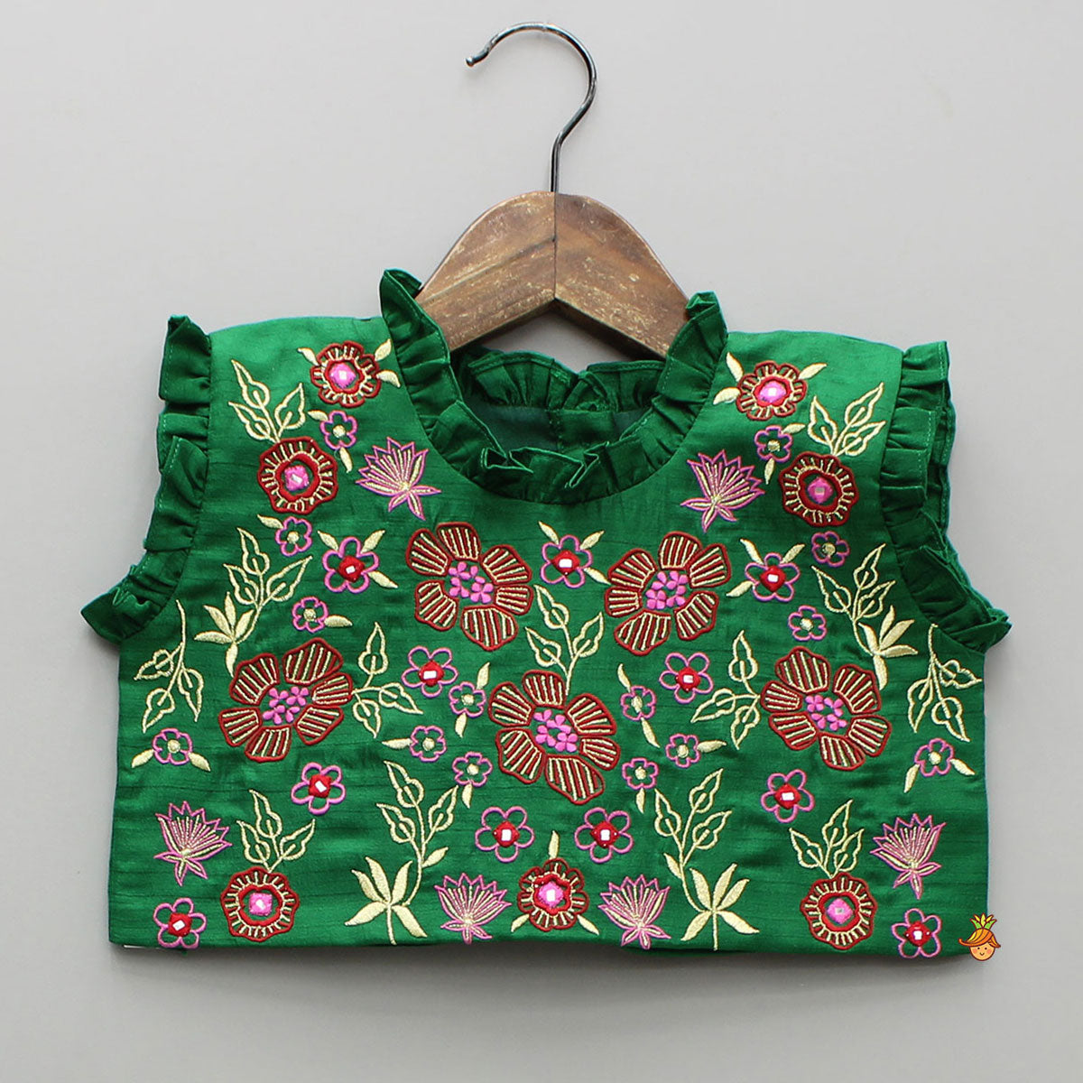 Pink And Green Embroidered Ruffle Top With Lehenga And Dupatta
