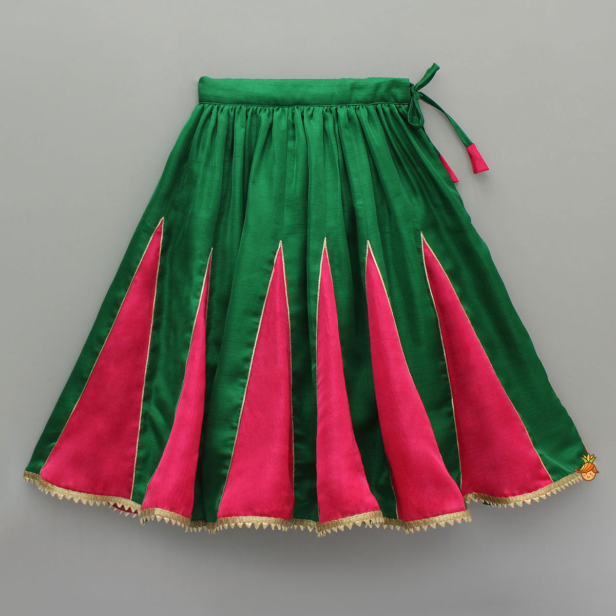 Pink And Green Embroidered Ruffle Top With Lehenga And Dupatta
