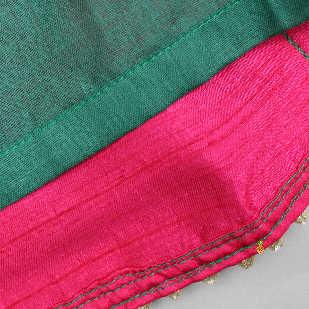 Pink And Green Embroidered Ruffle Top With Lehenga And Dupatta