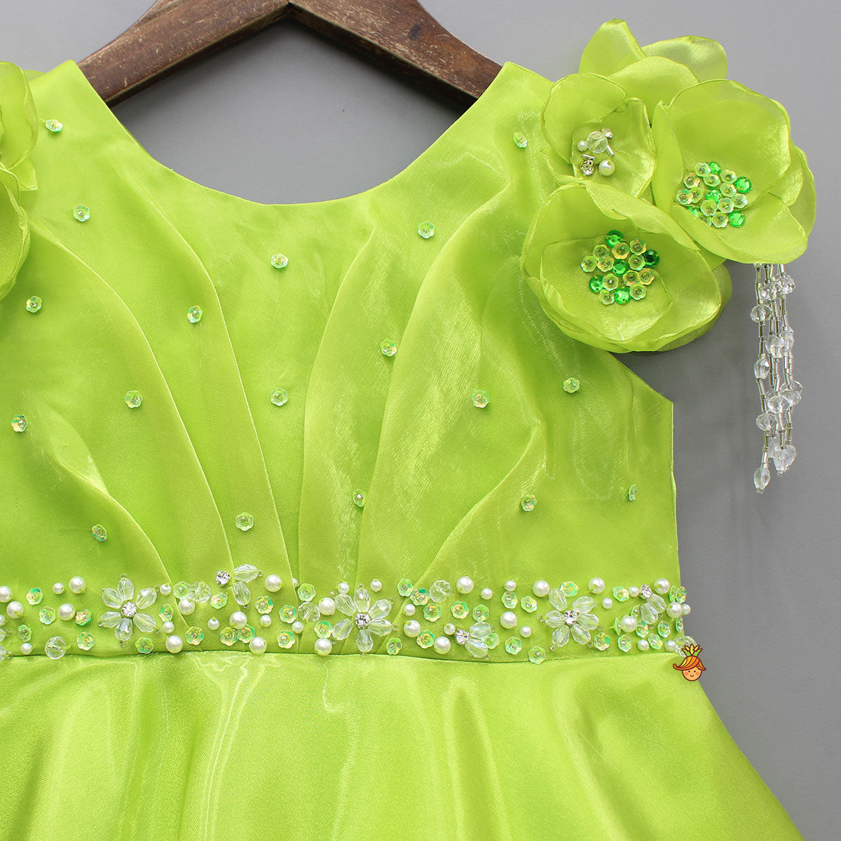 Green Glass Tissue Gown With Pleated Yoke