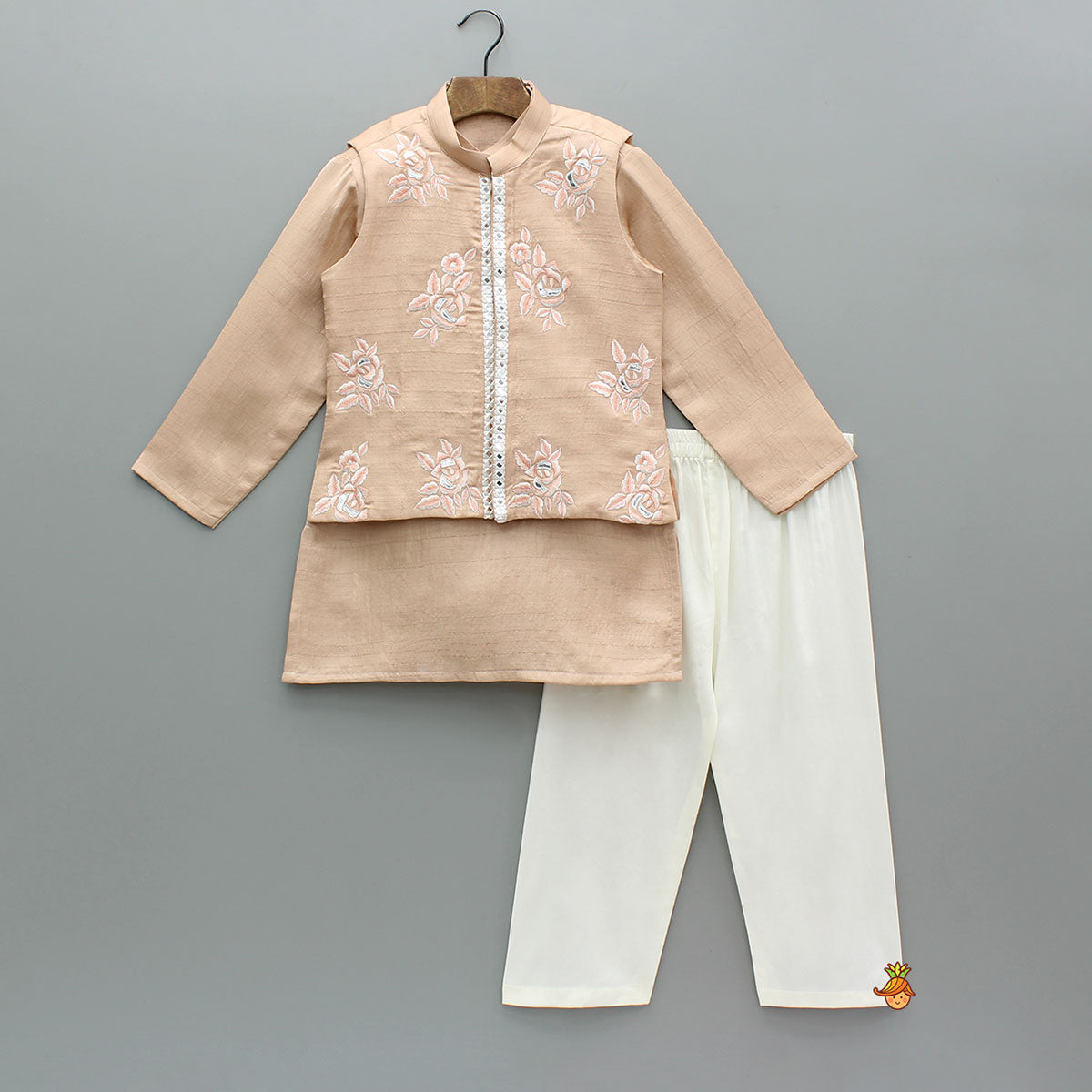 Peach Silk Kurta With Floral Embroidered Jacket And Pyjama
