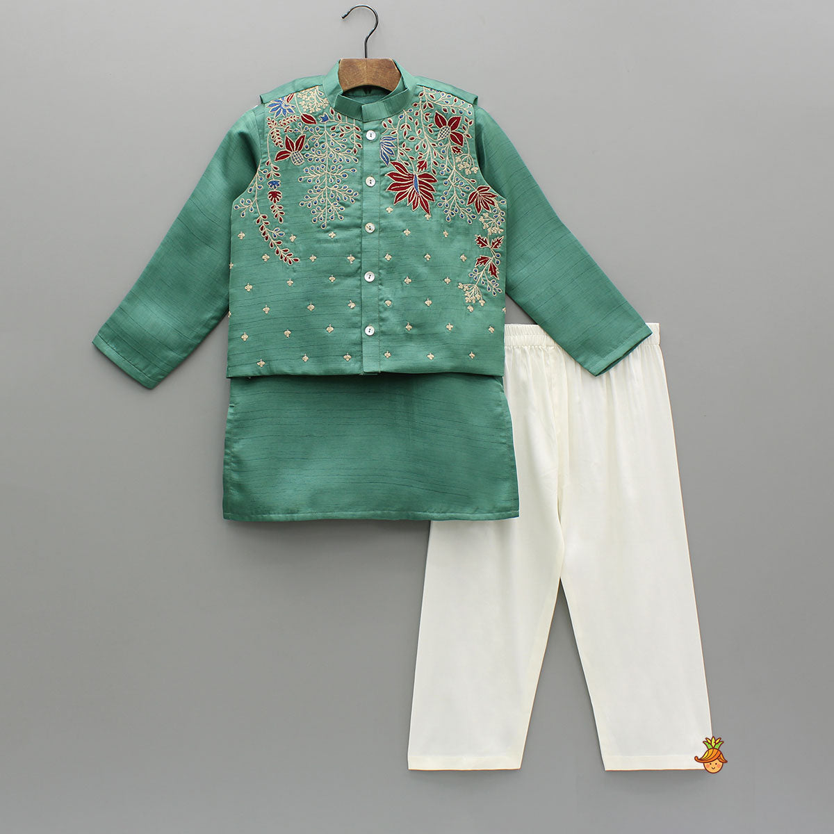 Green Silk Kurta With Embroidered Jacket And Off White Pyjama