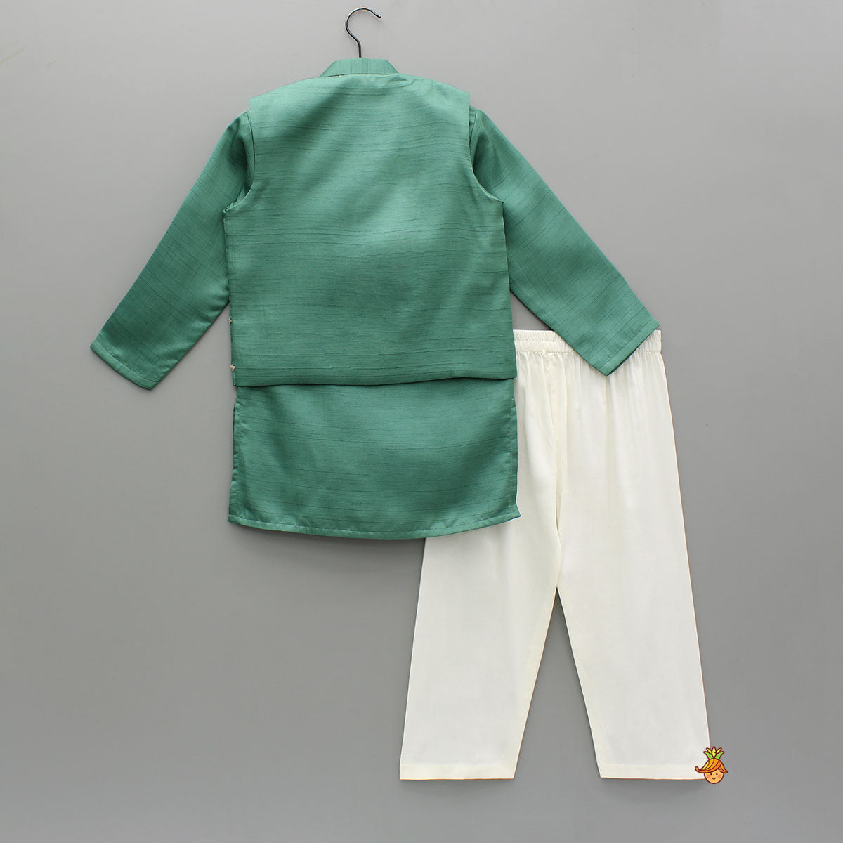 Green Silk Kurta With Embroidered Jacket And Off White Pyjama