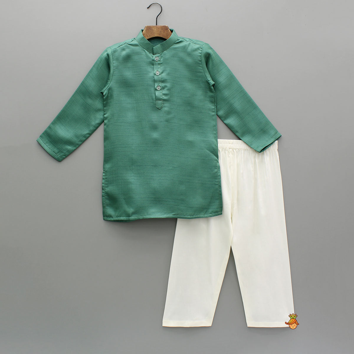Green Silk Kurta With Embroidered Jacket And Off White Pyjama