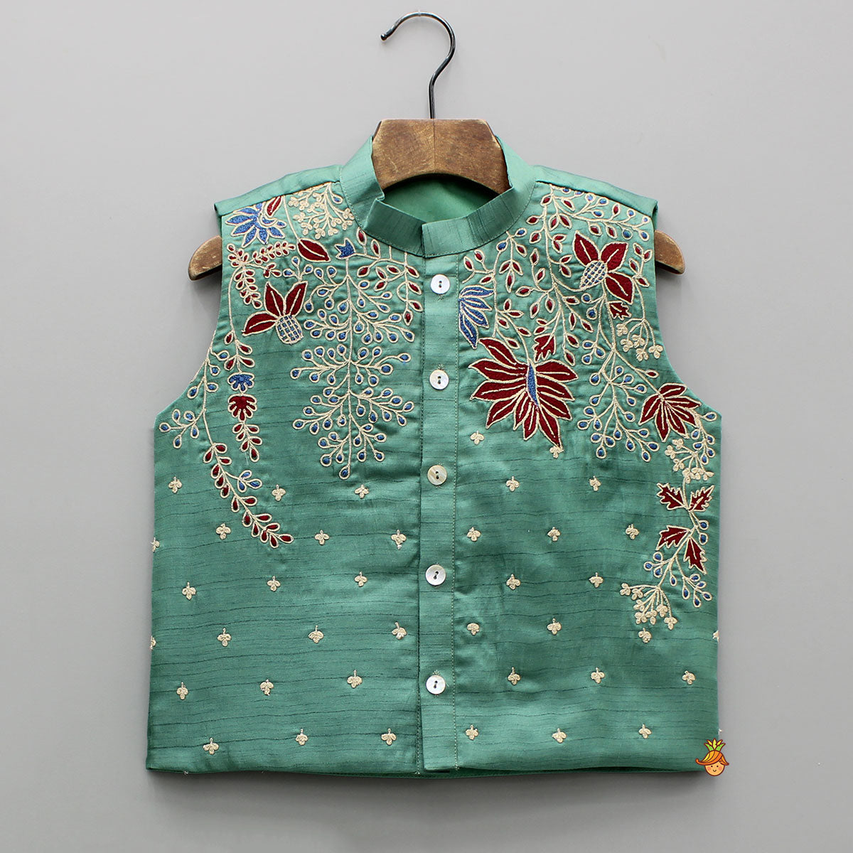 Green Silk Kurta With Embroidered Jacket And Off White Pyjama