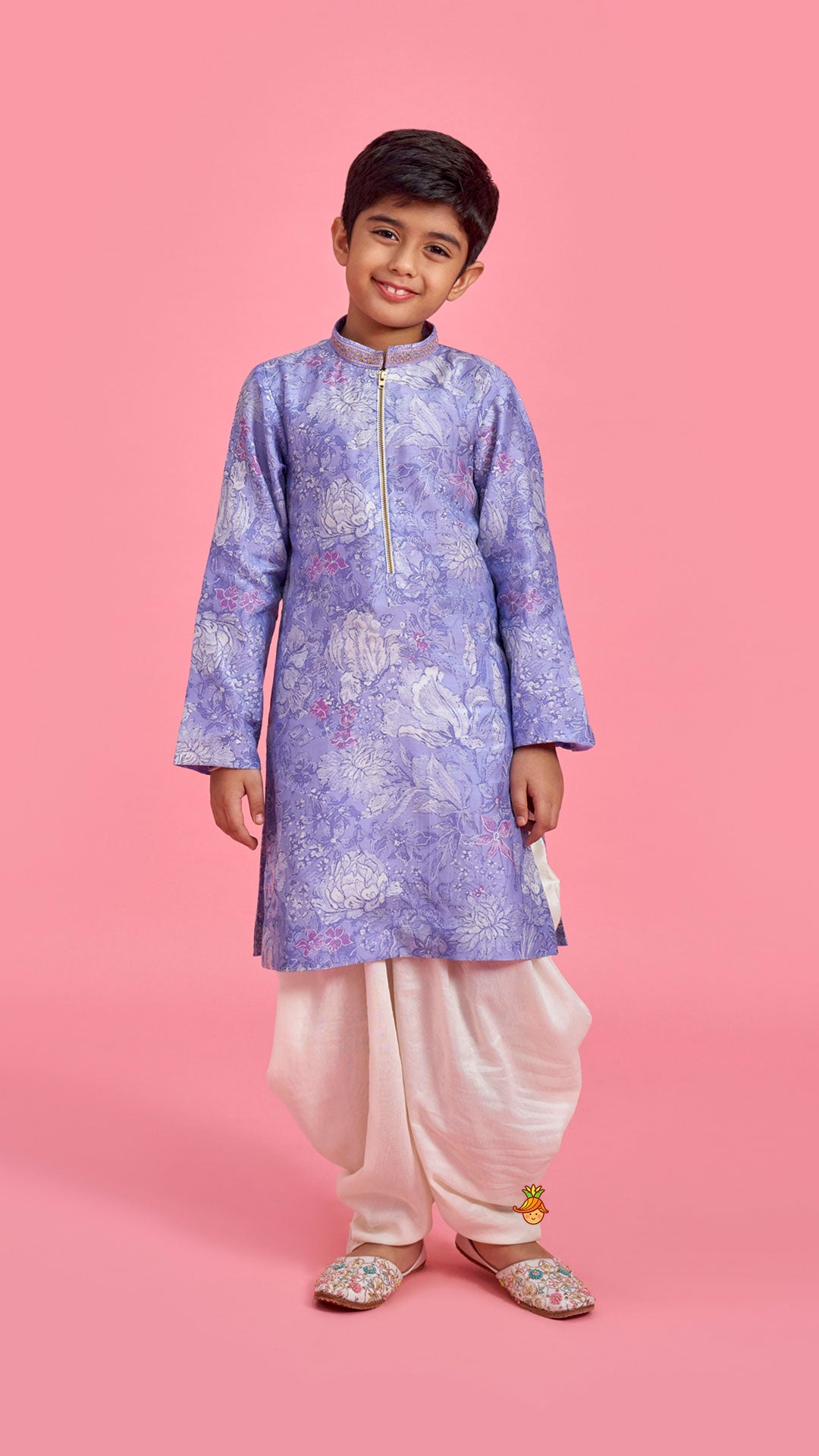 Purple Floral Printed Kurta With Off White Dhoti