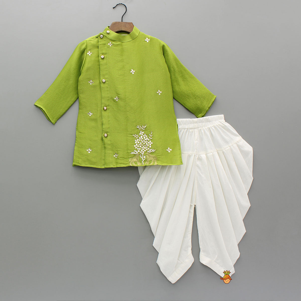 Green Stylish Floral Lace Embroidered Kurta With Dhoti