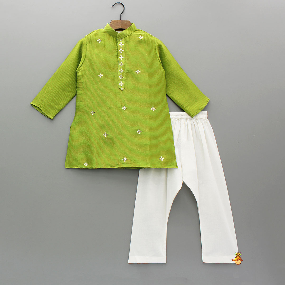Green Motif Embroidered Ethnic Kurta With Churidar