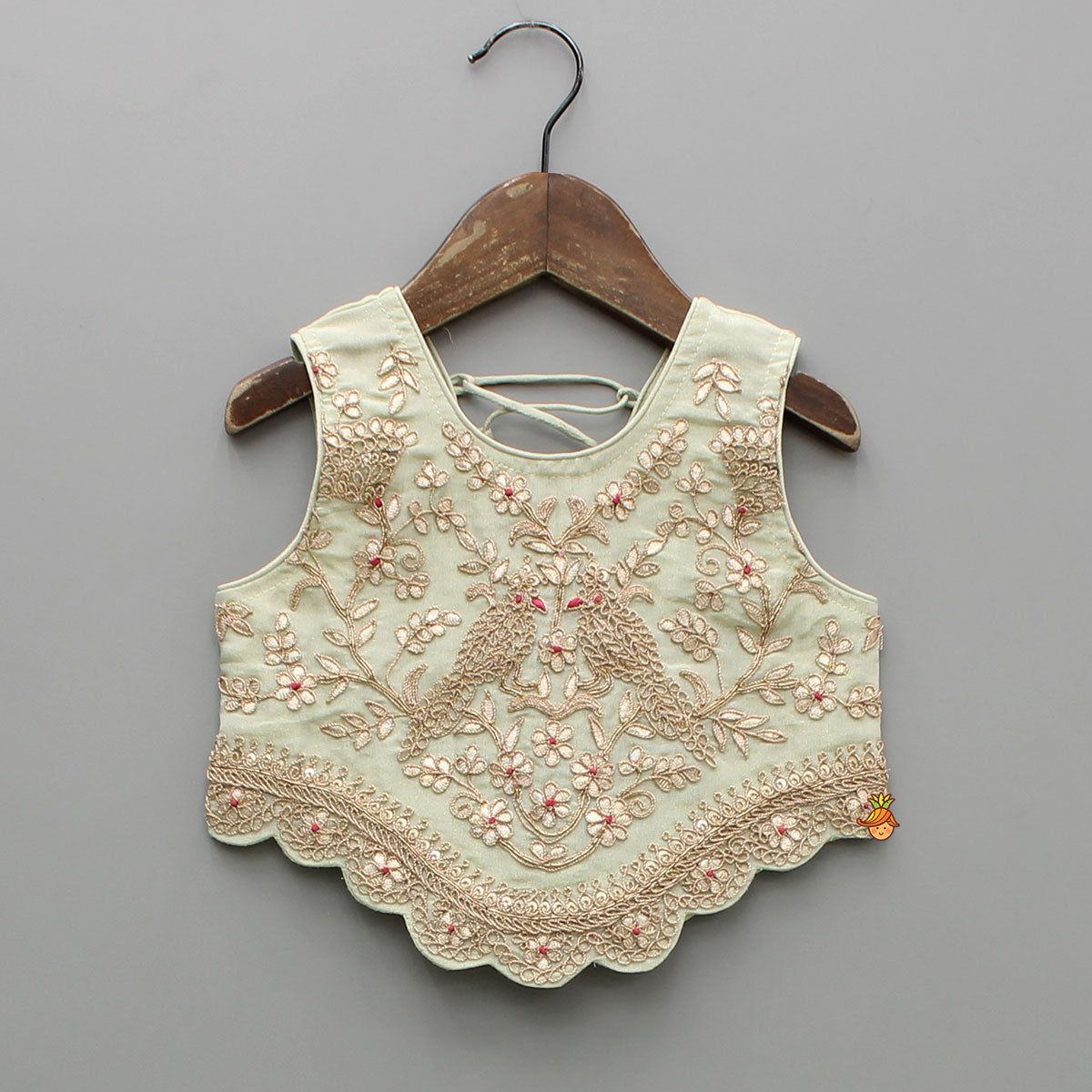 Shimmery Green Embroidered Scallop Detailed Top With Shimmery Flared Palazzo