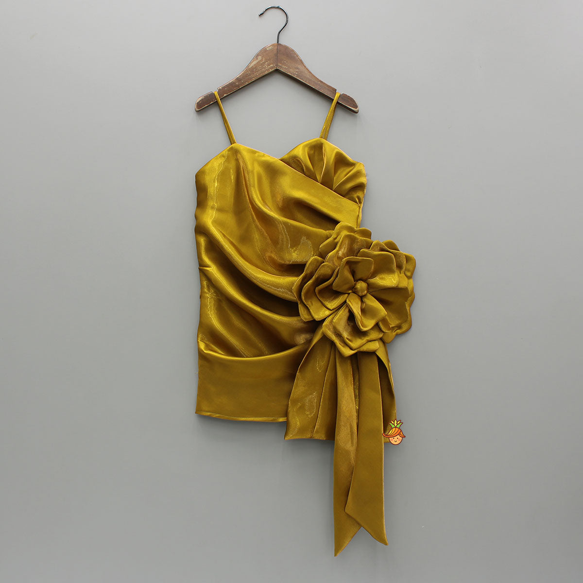 Mustard Glass Silk Flower Enhanced Sheen Strappy Dress