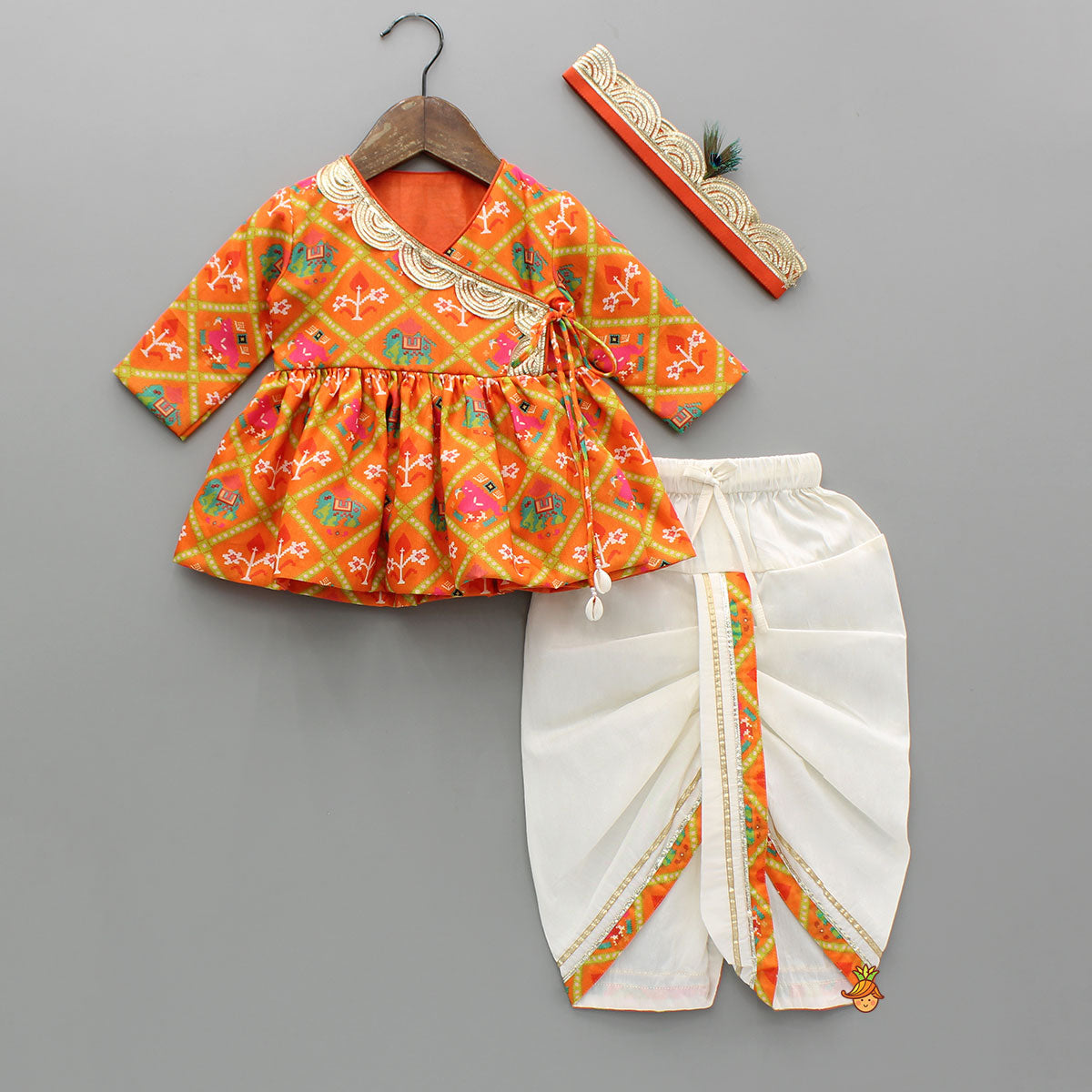 Patola Printed Angarkha Orange Top And Dhoti With Mukut