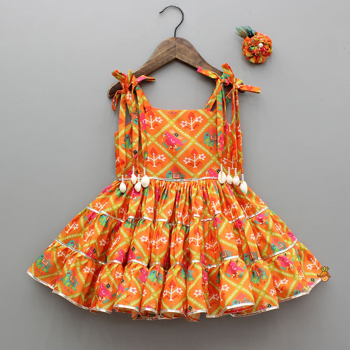 Orange Printed Tie-Up Dress With Floral Mor Pankh Hair Clip